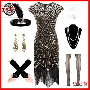 1920s Flapper Dress Sequin Fringe Vintage Cocktail Dress with Accessories Set